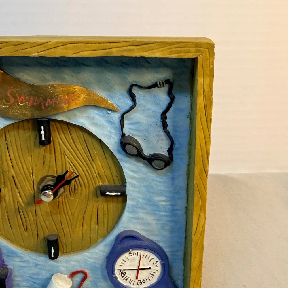 Vintage 3D Swimming Sports Theme Shadow Box Wall Clock Resin Hand Painted 8x8